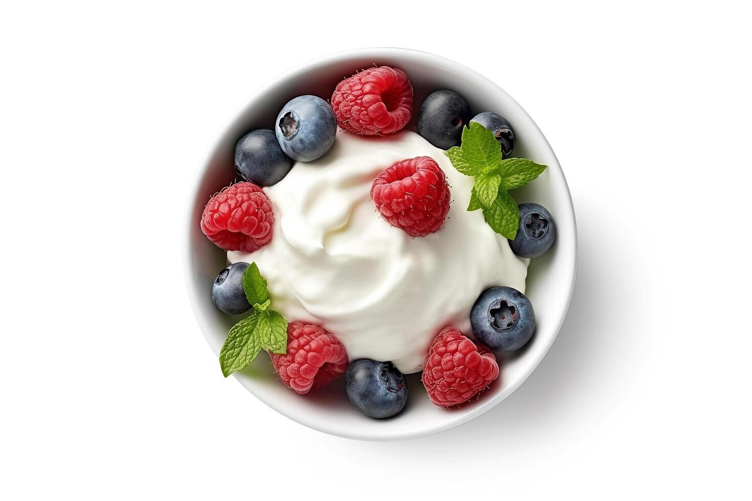 Yogurt and berries isolated on white background.. photo