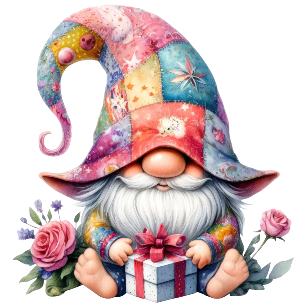 Enchanted Garden Gnome with Colorful Roses. png