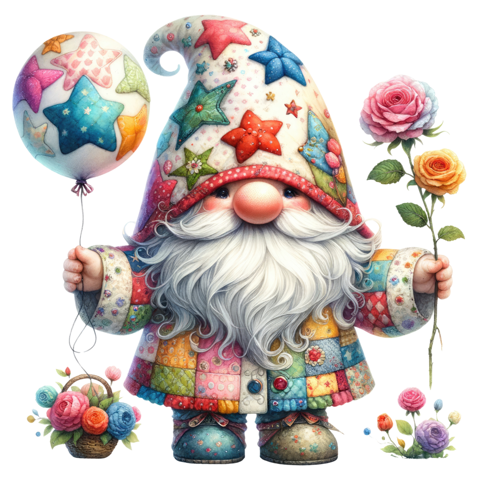 Enchanted Garden Gnome with Colorful Roses. png