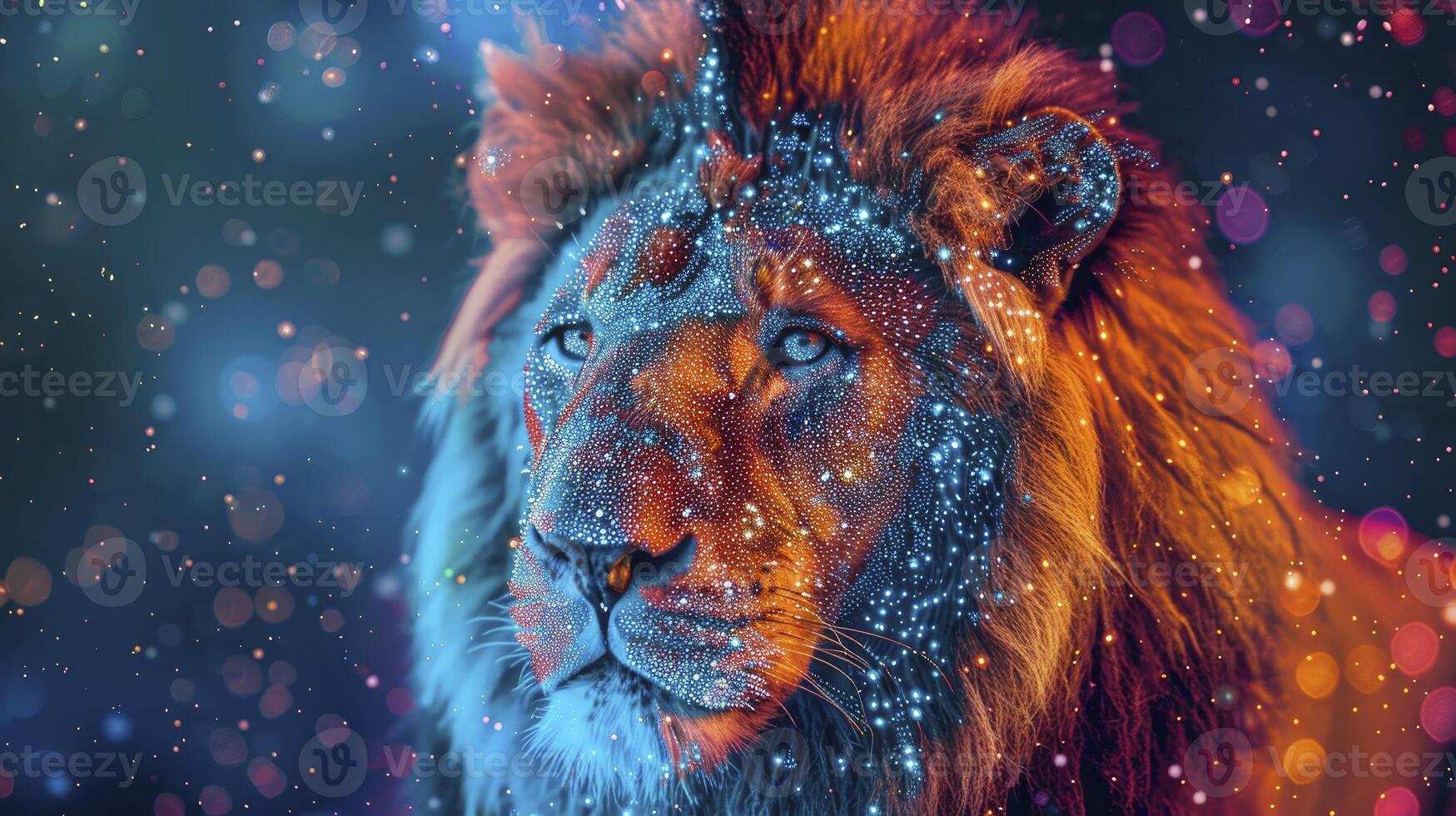 Regal Majesty, A Lion Amidst Vibrant and Glowing Dots. photo