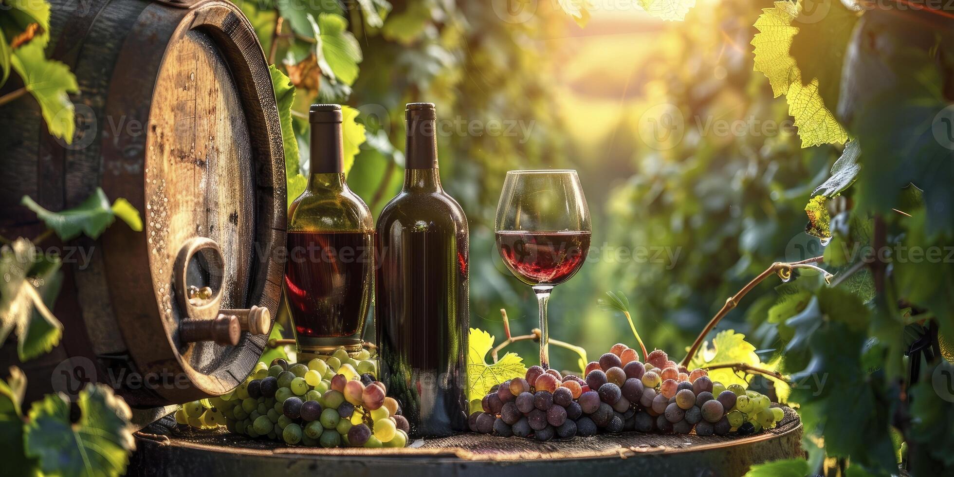 Scenic Countryside Delight, Bottles and Wine Glasses Arranged Amidst Lush Grape Vines and Wooden Barrels, Evoking the Essence of Wine Country Tranquility. photo