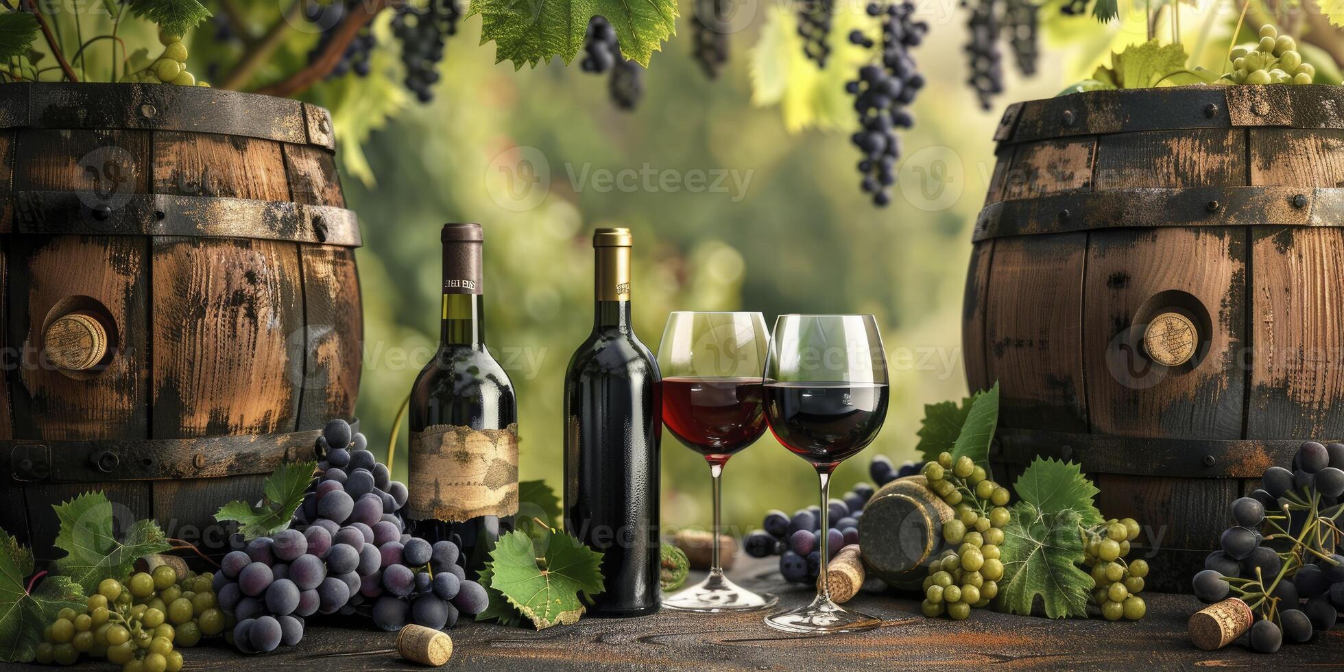 Scenic Countryside Delight, Bottles and Wine Glasses Arranged Amidst Lush Grape Vines and Wooden Barrels, Evoking the Essence of Wine Country Tranquility. photo