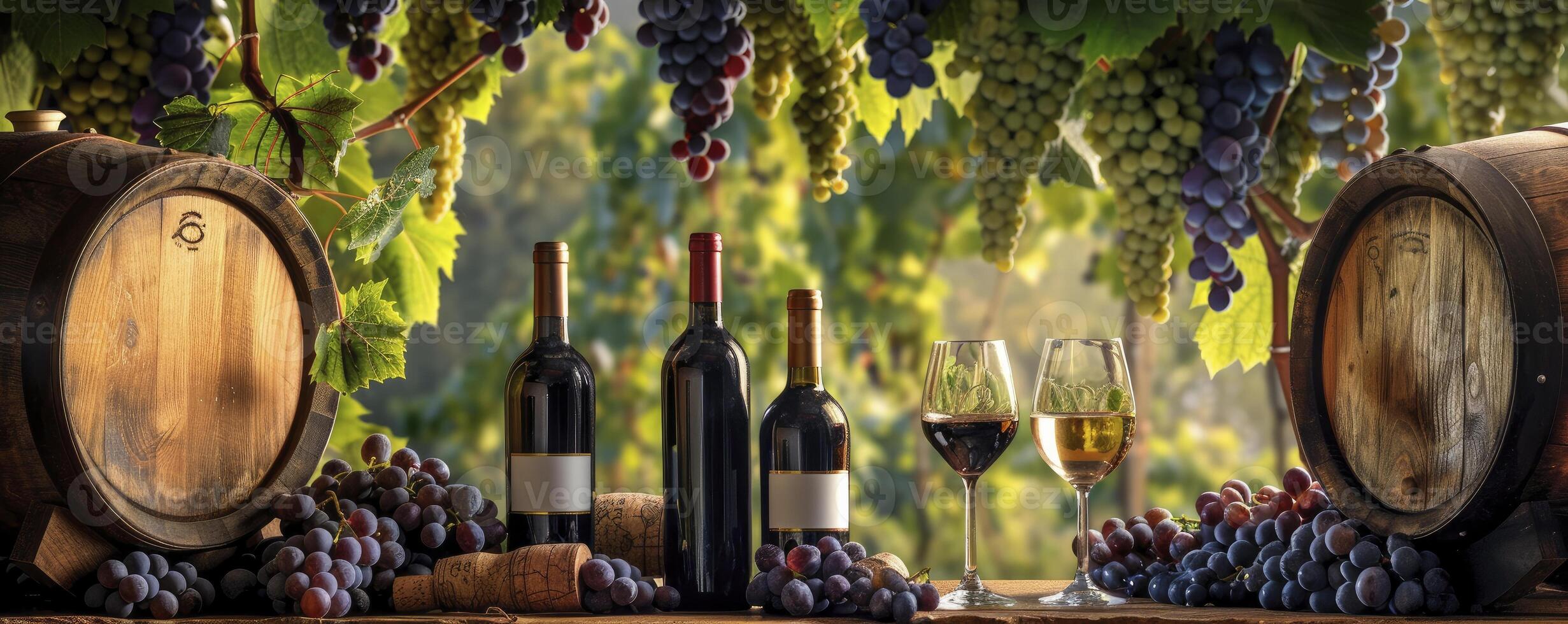 escénico campo deleitar, botellas y vino lentes arreglado en medio de lozano uva vides y de madera barriles, evocando el esencia de vino país tranquilidad. foto