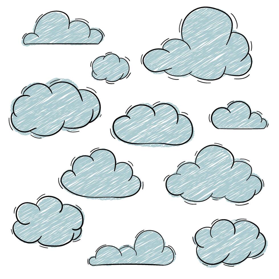 Set of hand drawn cloud in doodle style. Cartoon design elements. vector