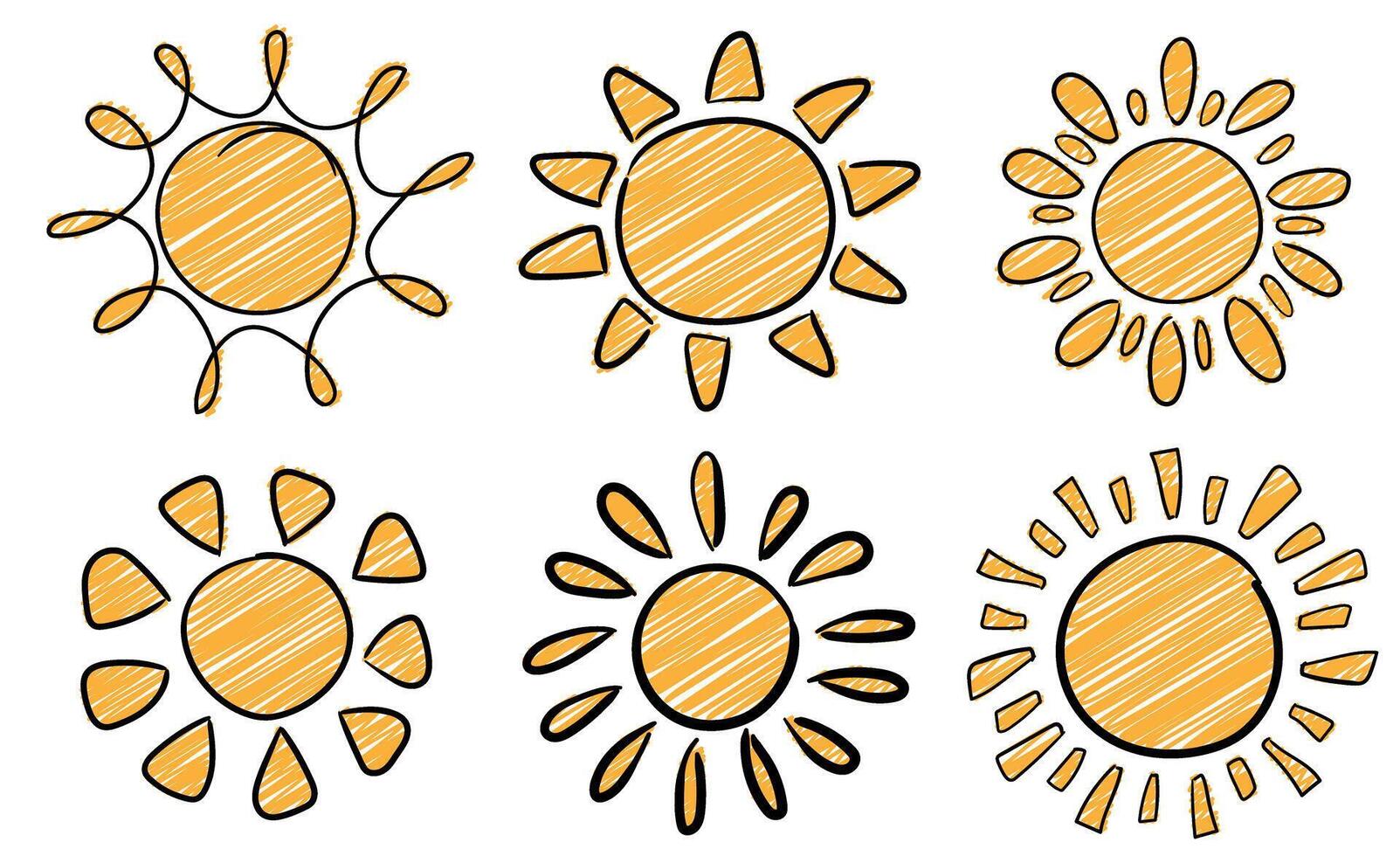 Cute doodle sun collection. Cartoon design elements. vector