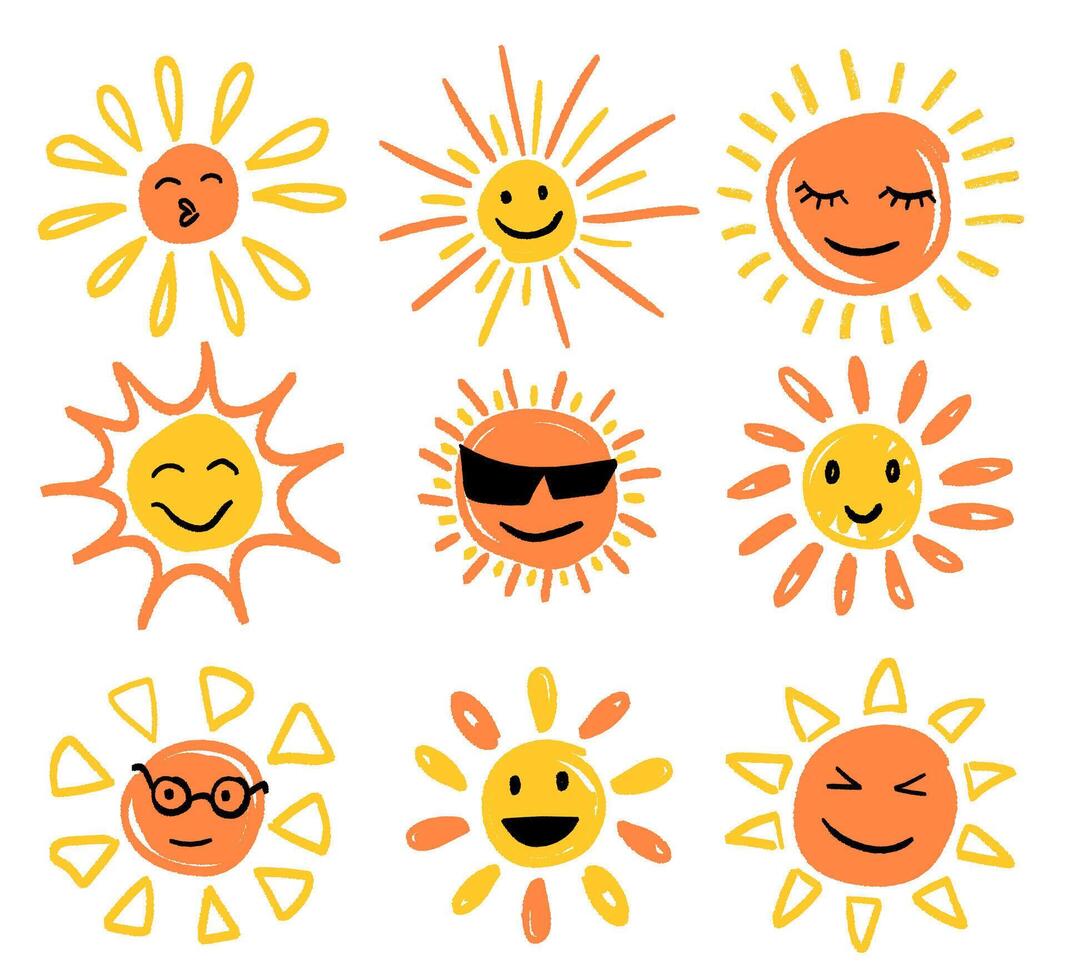 Cute doodle sun collection. Funny happy smiley suns vector