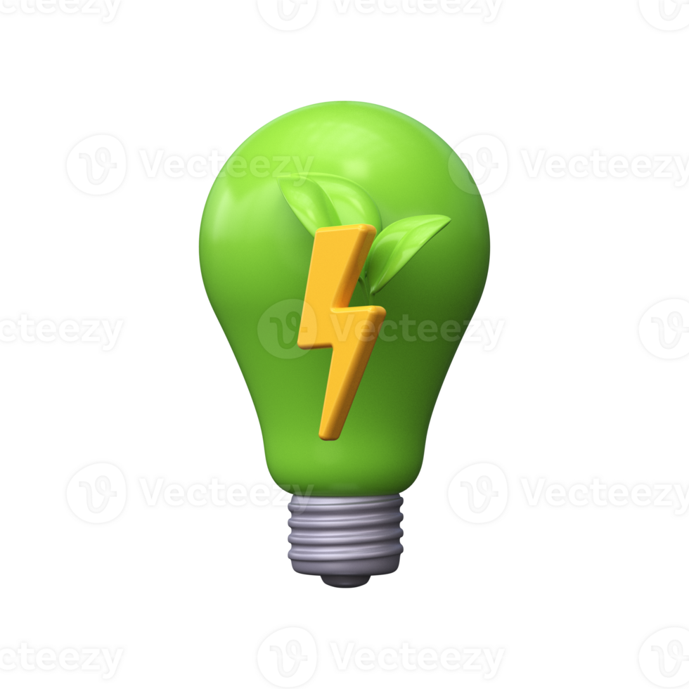 Green energy. 3d ecology icon. Light bulb with flash. png