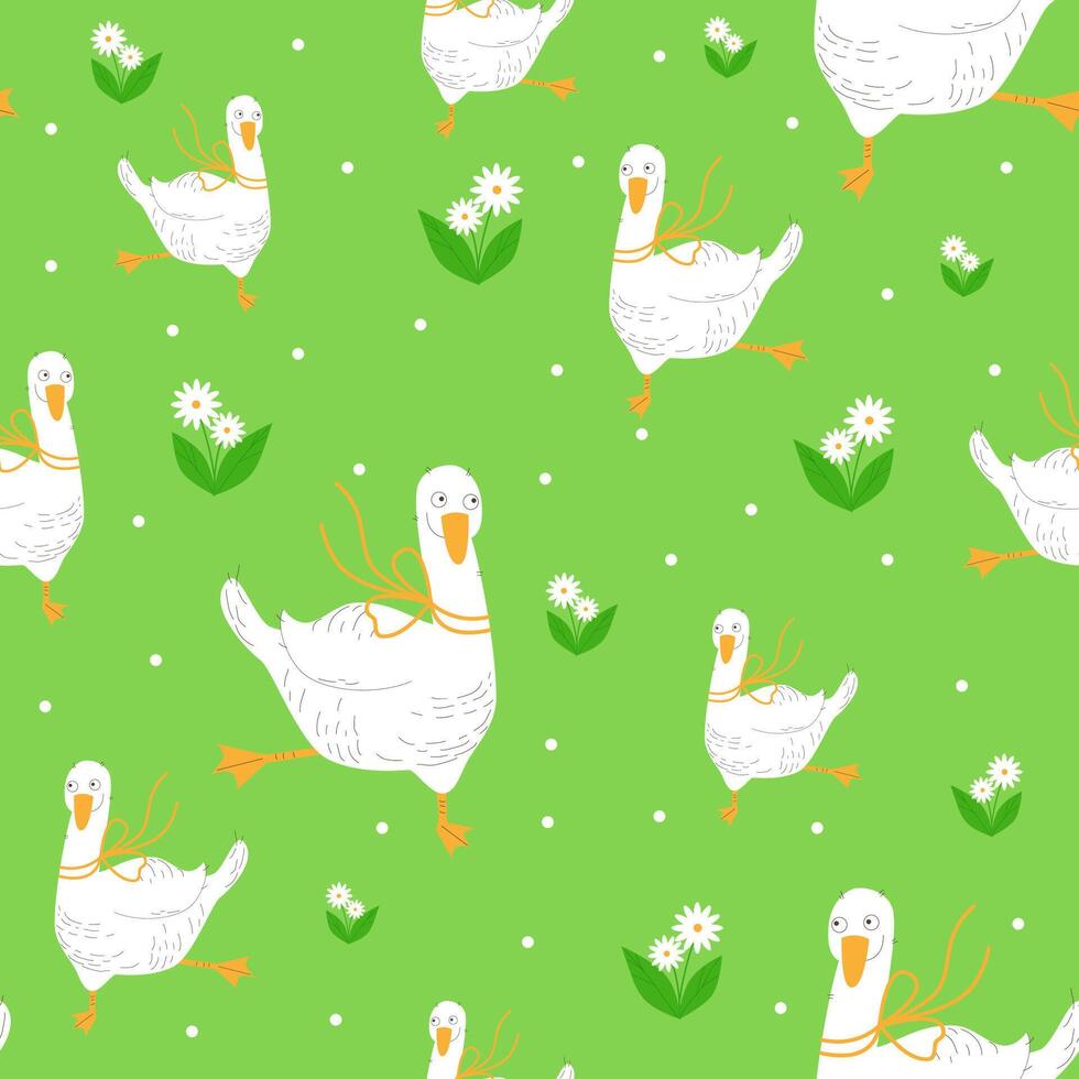 Seamless crazy white goose or duck with bow , daisies and leaves pattern on a green background. vector