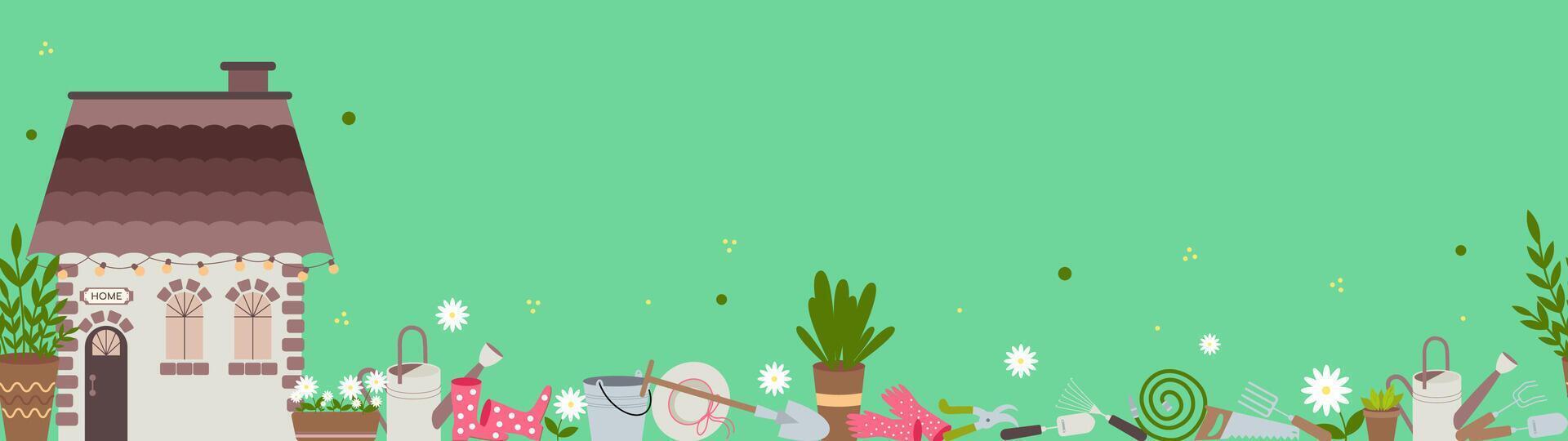 Seamless vectolong panoramic background with house and garden tools, watering can, pot with flowers, straw hat, gloves and boots, rake, shovel. vector