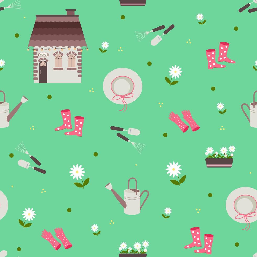 Seamless pattern with house and garden tools, watering can, pot with flowers, straw hat, gloves and boots. vector