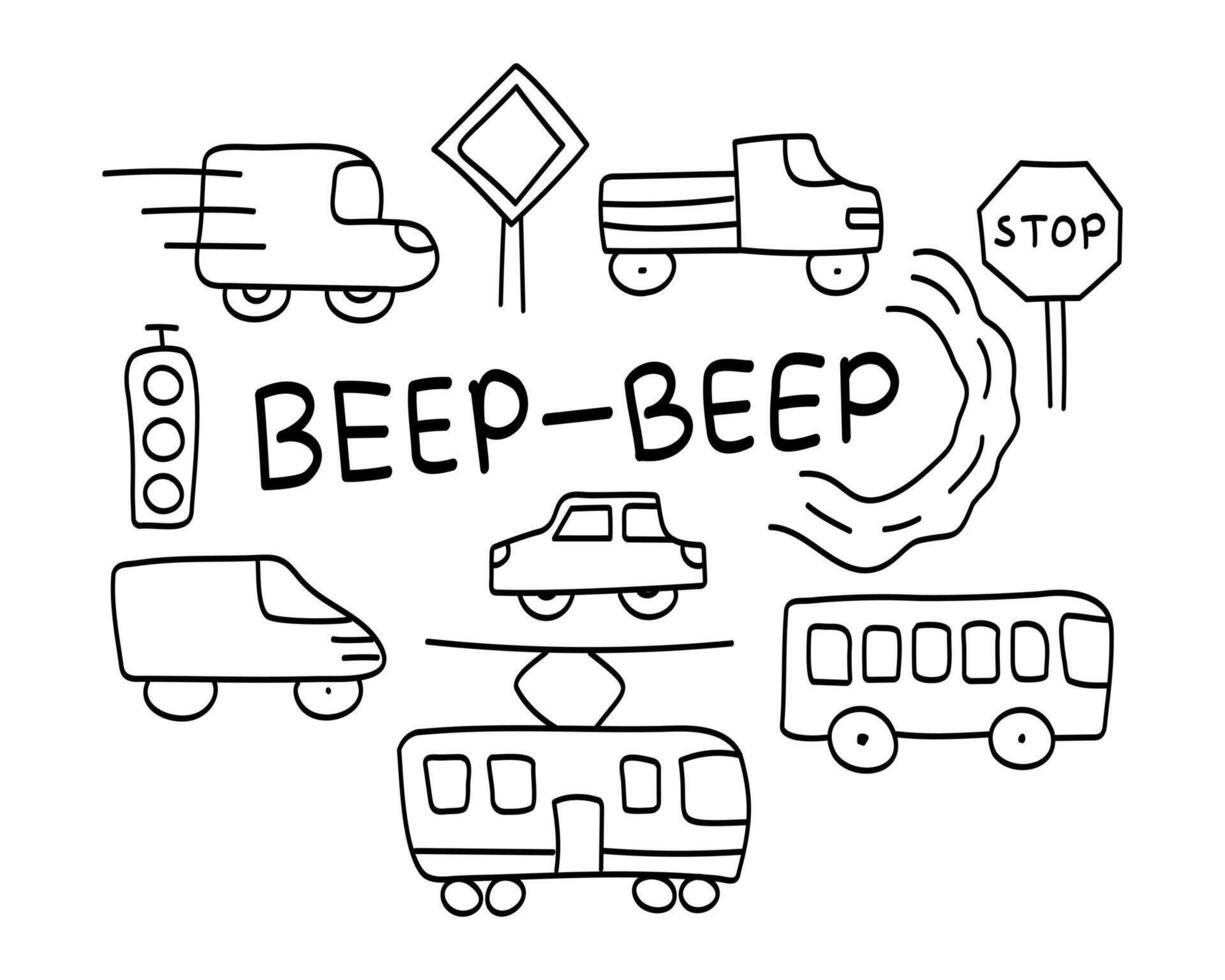 Doodle Set of City Transport. Side view. Public and private transport. Road, signs and traffic light. Truck and car. Bus and tram. Beep beep text. Children drawing. Outline image. illustration. vector