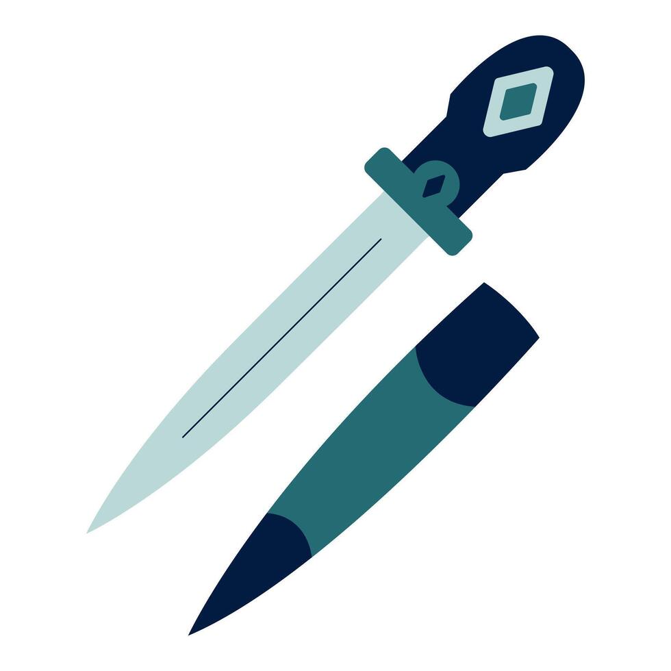 Dagger with scabbard. Cold weapon, sharp blade. The hilt of a short sword or knife. Flat style. Color image. An isolated object. illustration vector