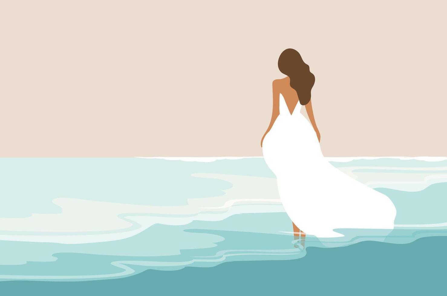 Beautiful woman in white dress on the beach illustration. Summer holidays beach concept vector