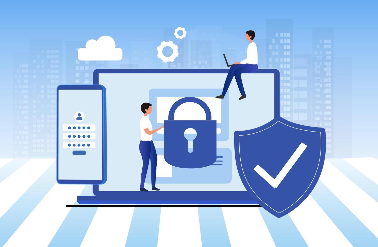 Cyber security and data protection privacy, PDPA concept. Businessman secure data management and protect data from hacker attacks and padlock icon to internet technology networking vector