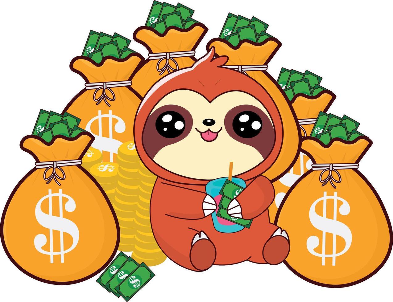 sloth with money, cute illustration vector