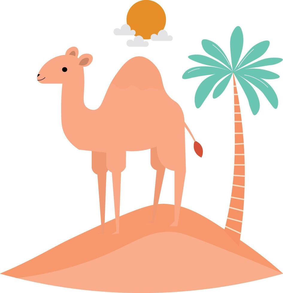 Camel in the desert with sun and sand, illustration vector
