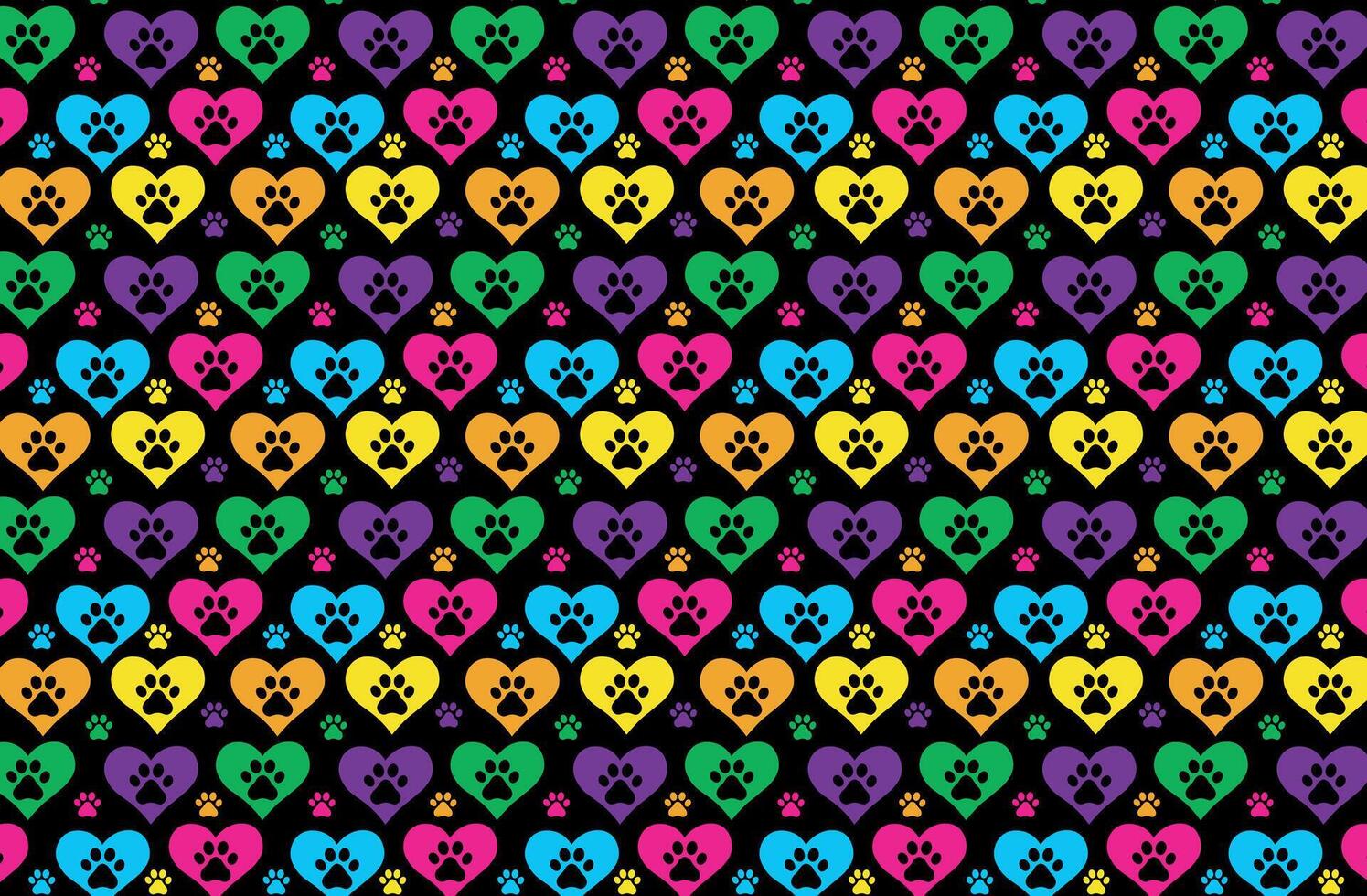 pattern in cheerful colors with a pet theme, with dog or cat paws inside a heart vector