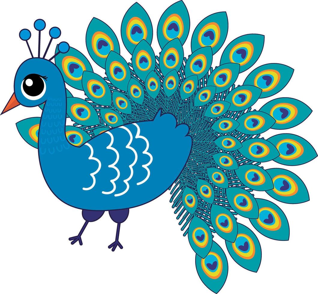 Peacock illustration, simple peacock drawing in green and blue tones vector