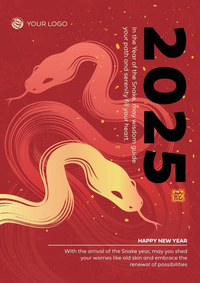 Chinese New Year 2025 modern design in red, gold colors for cover, card, poster, banner. Flyer Template,Chinese zodiac Snake symbol. vector