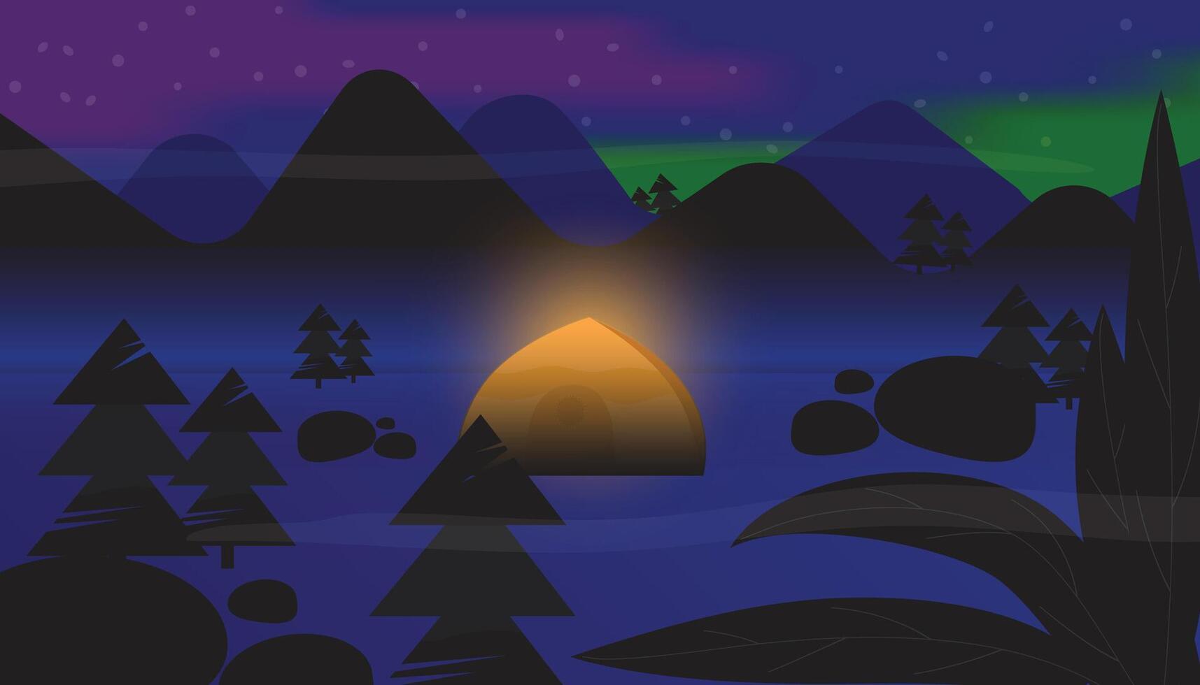 Beautiful night landscape with aurora or polar lights in sky and camp at dark with trees and mountain silhouette illustration. vector