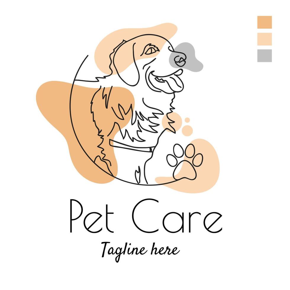 Pet care abstract logo of cute dog line art illustration with dummy text on white background. Simple Flat design. vector