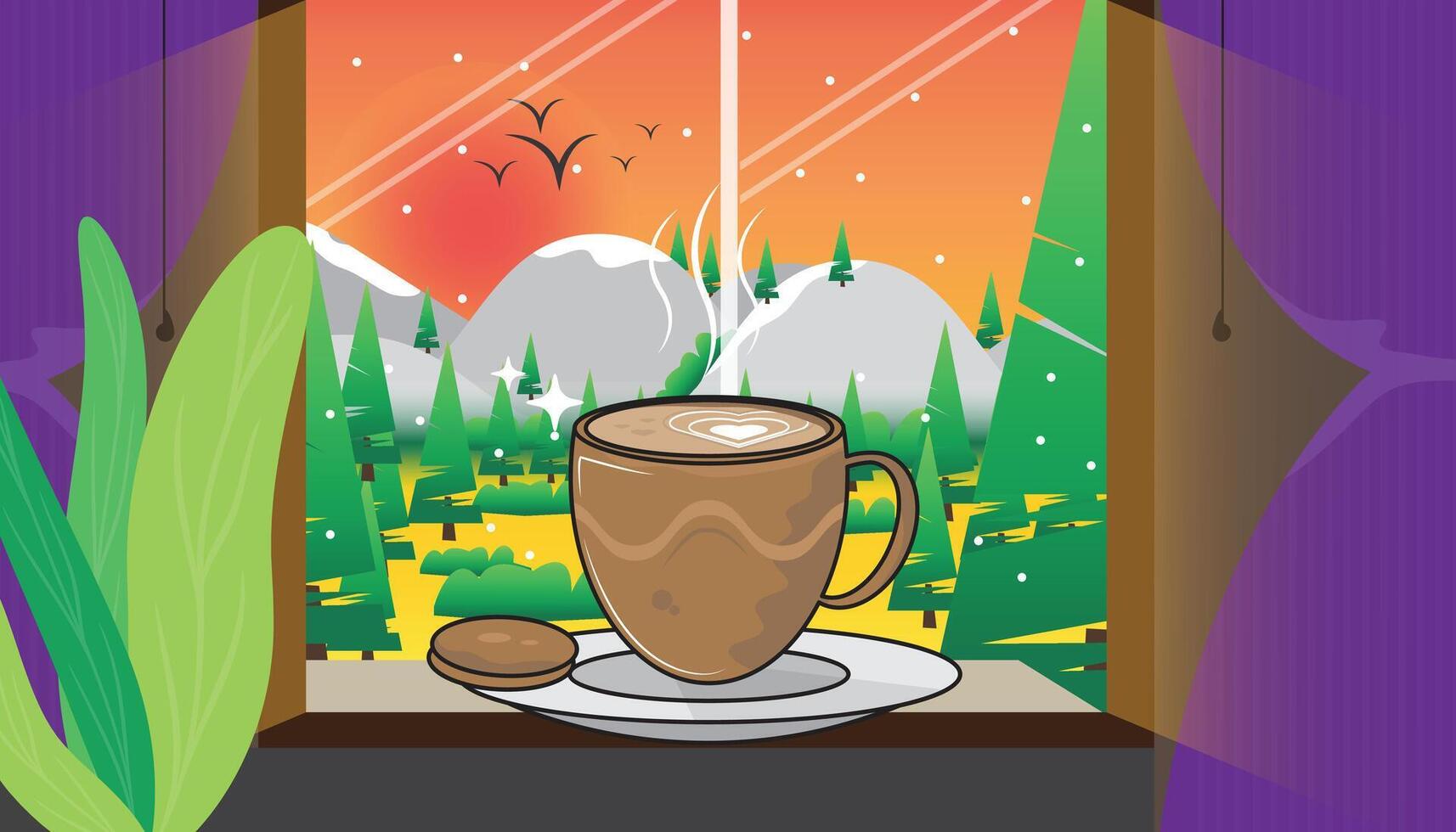 Coffee cup with morning outside view from window illustration. vector