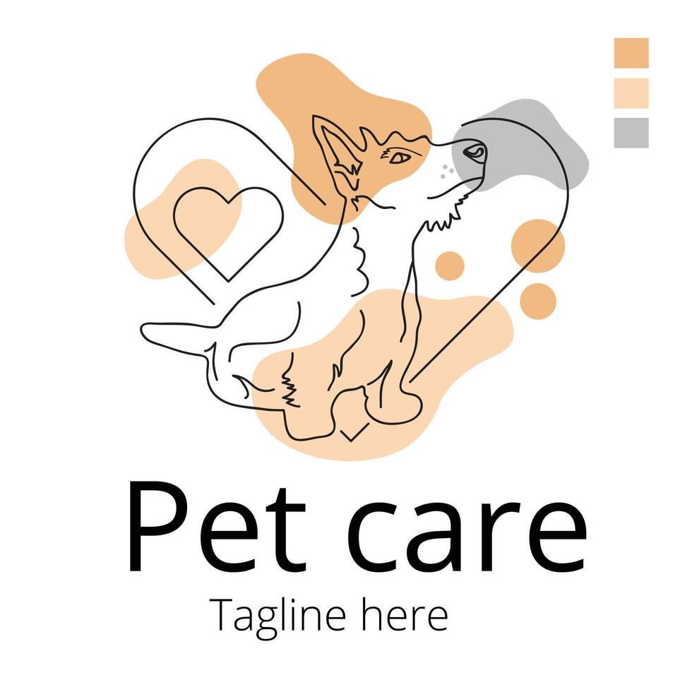 Pet care abstract logo of cute dog line art illustration with dummy text on white background. Simple Flat design. vector