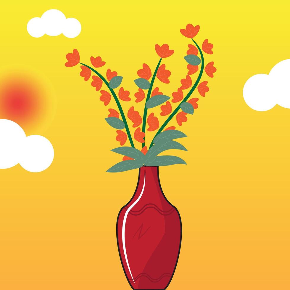 Clay made flower vase with flowers and sunrise or morning concept illustration. Indoor Plant. vector