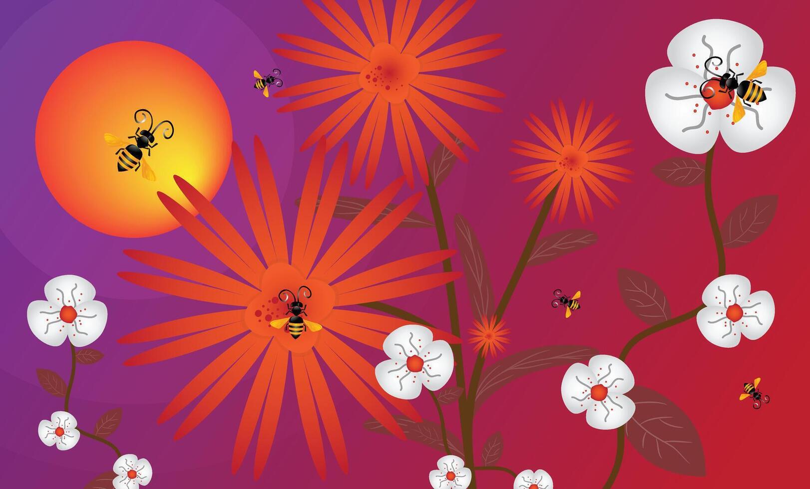 Flowers, sunrise and bees or insects on flowers illustration background with nature concept. vector