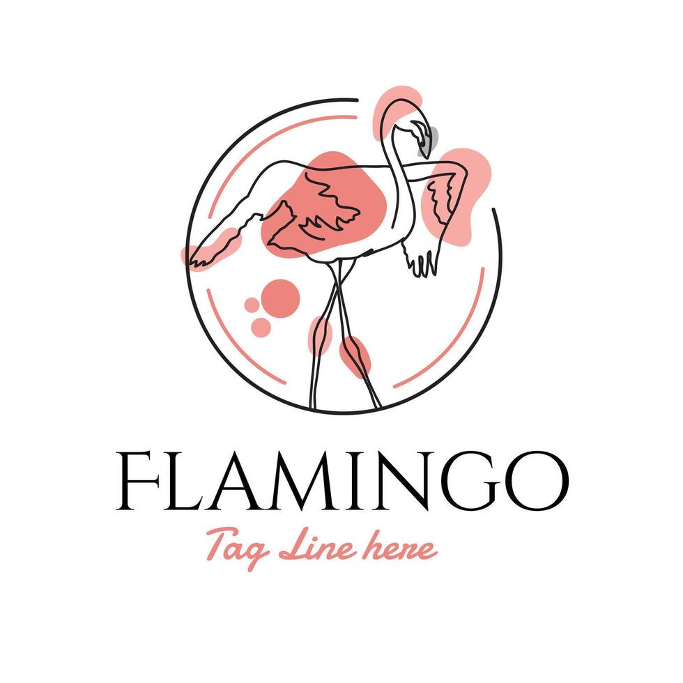 Flamingo bird abstract logo line art illustration with dummy text on white background. vector