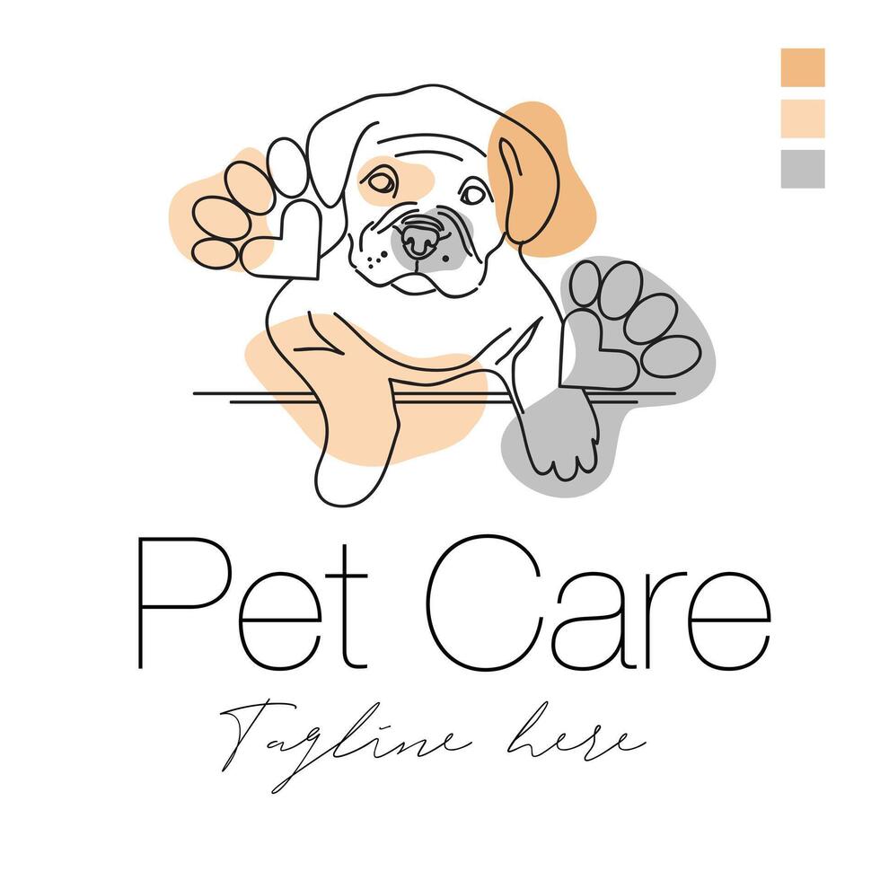 Pet care abstract logo of cute dog line art illustration with dummy text on white background. Simple Flat design. vector