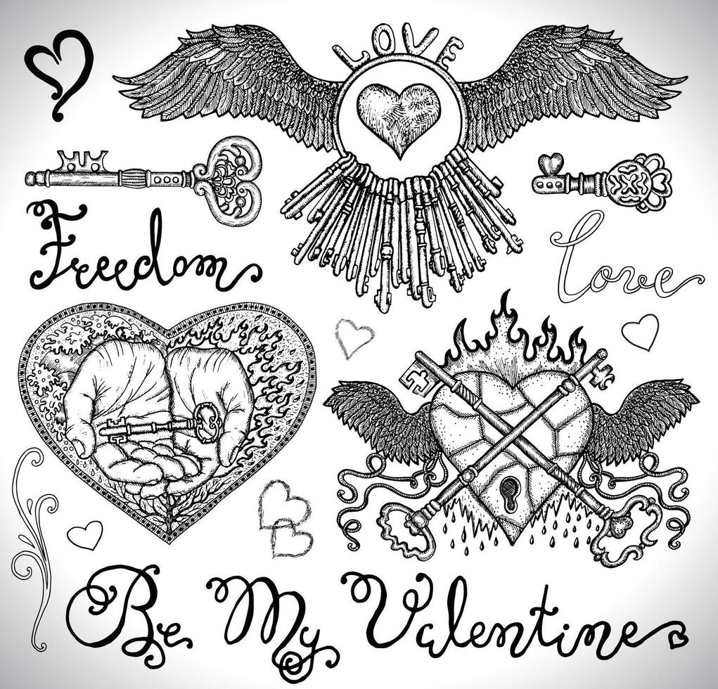 Design set with symbols of love, keys, wings, key in human hands and lettering vector