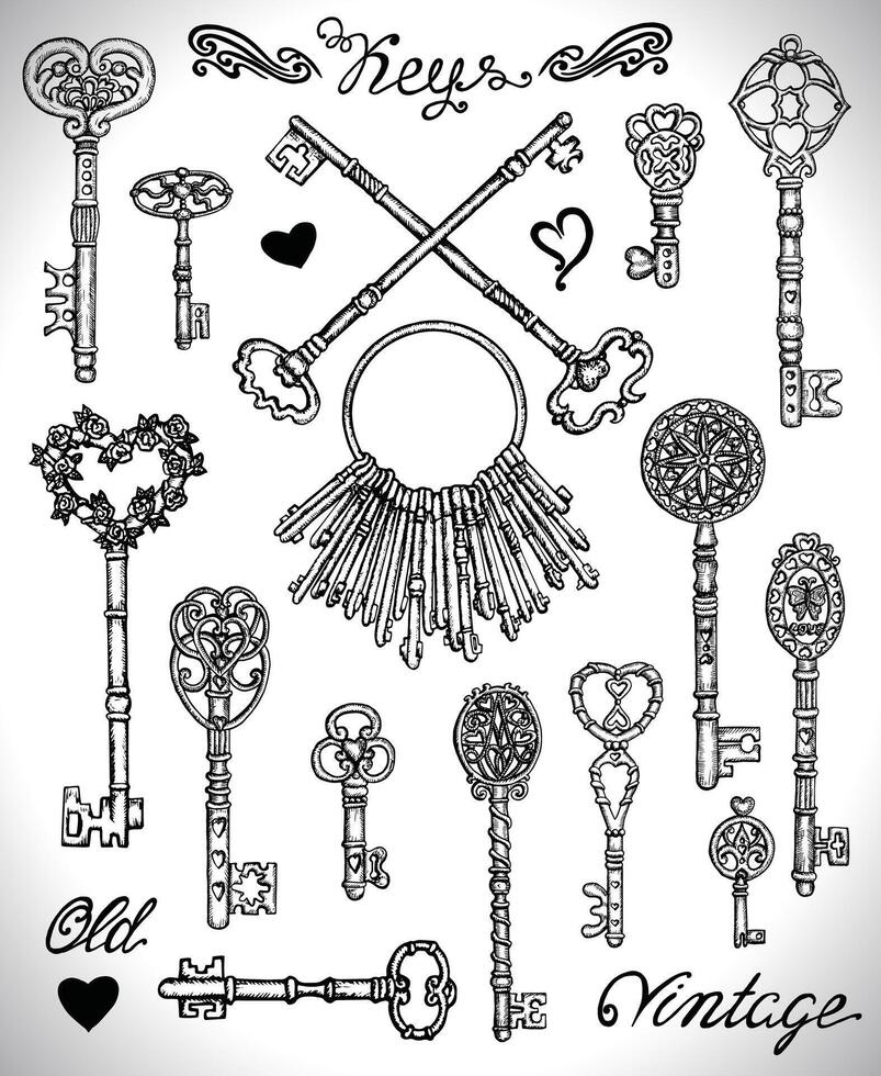 Design set with old vintage keys with heart elements and lettering vector