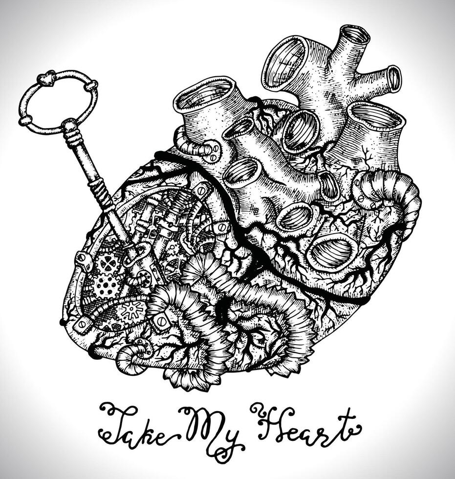 diseño conjunto con humano corazón con mecánico partes, llave y texto vector