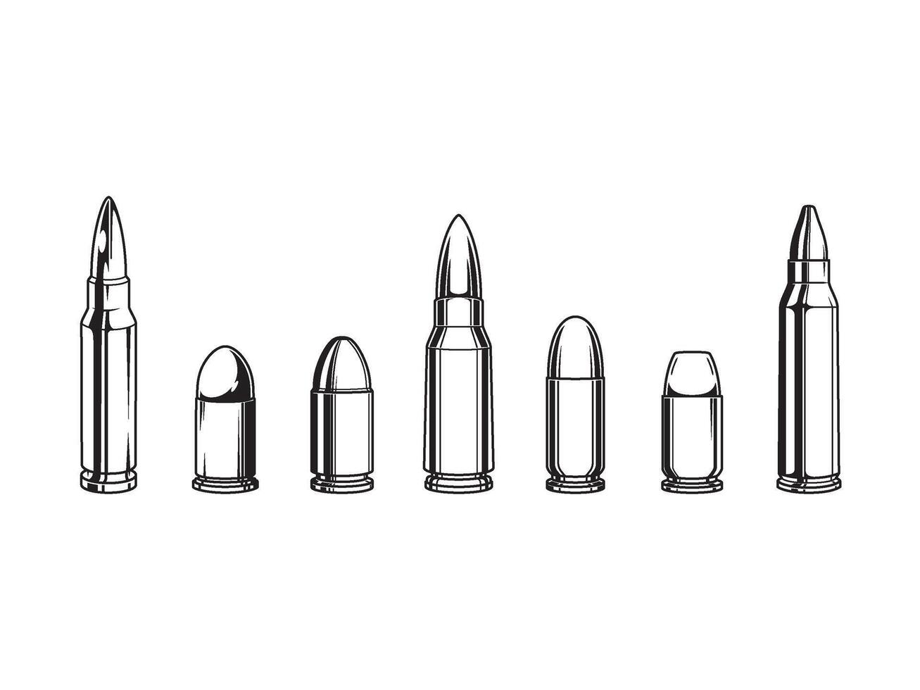 llustrations of various types of bullets. Monochrome vintage tattoo style. vector