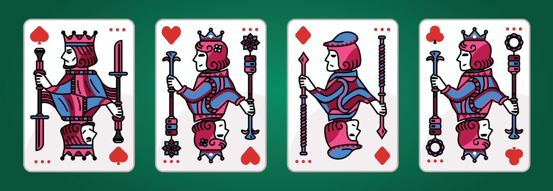 Rey y reina tarjeta ilustración conjunto de corazones, pala, diamante y club, real tarjetas diseño colección vector