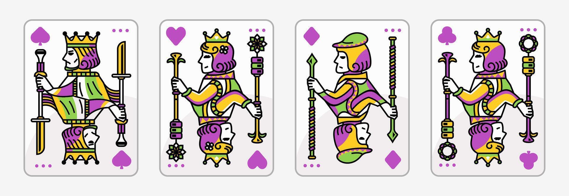 King and queen card illustration set of hearts, Spade, Diamond and Club, Royal cards design collection vector