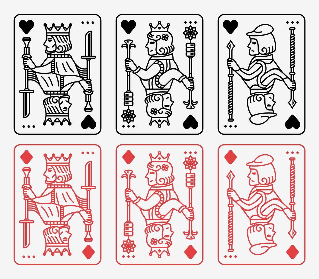 King and queen card illustration set of hearts, Spade, Diamond and Club, Royal cards design collection vector