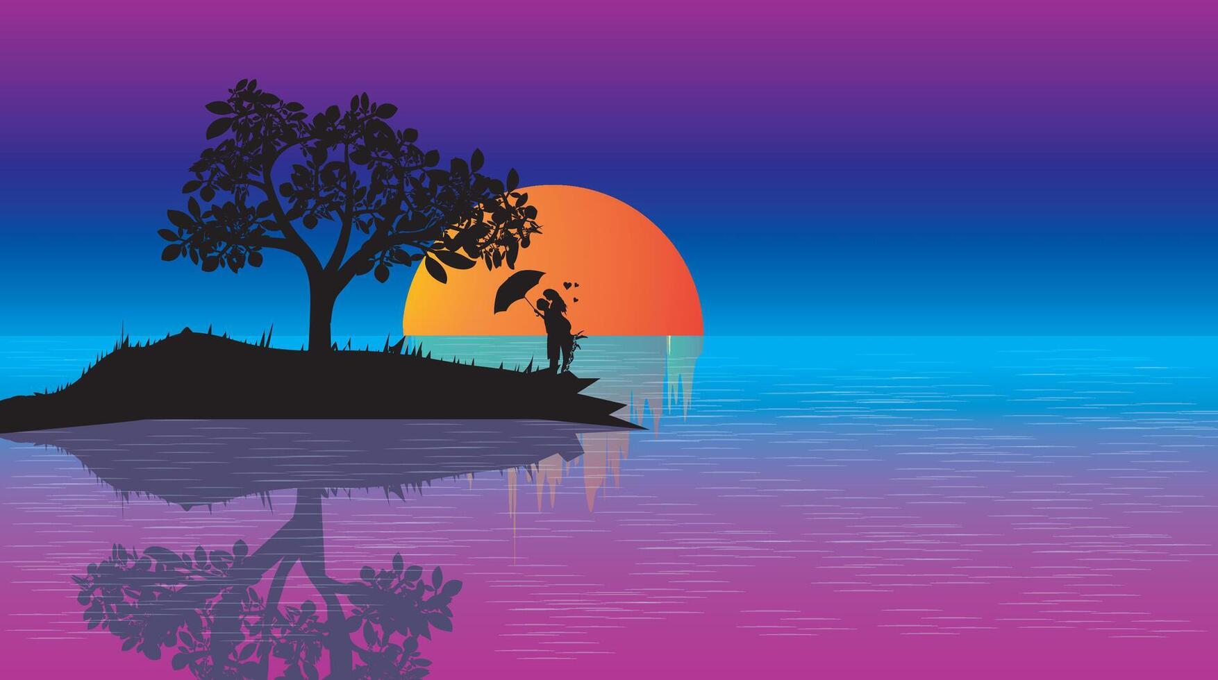Love couple on the sun set.image silhouette twilight with woman riding a horse on the beach and there is a moon on the sea, vector