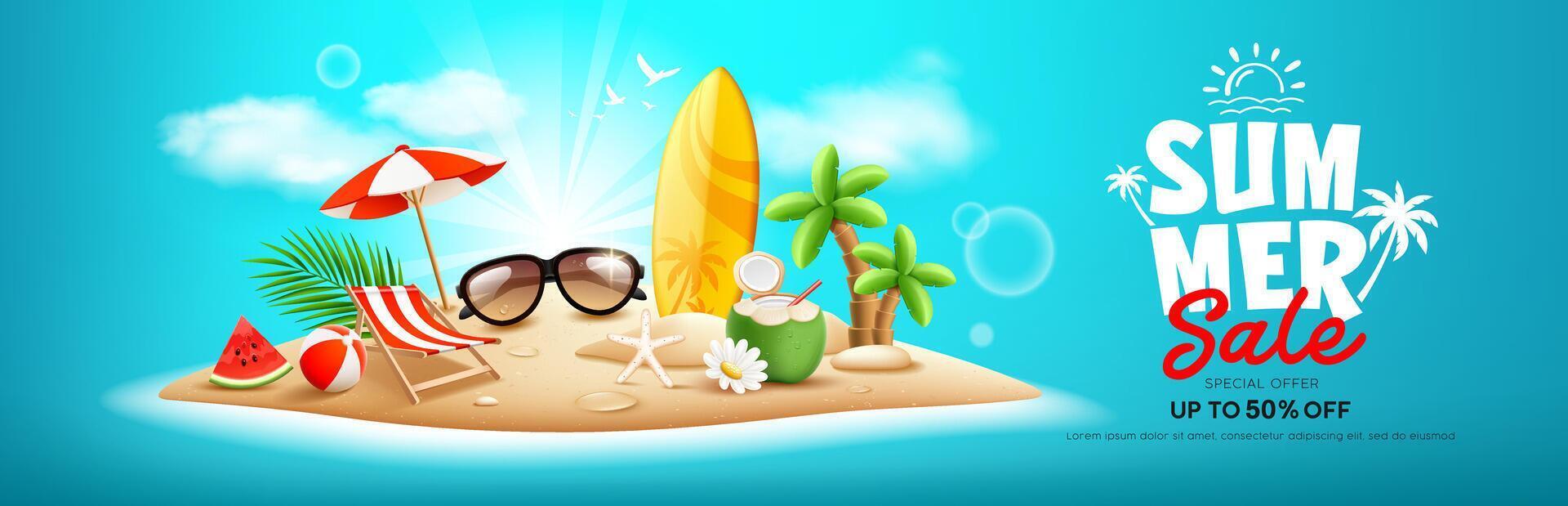 verano rebaja isla playa, tabla de surf, pila de arena, Coco árbol, sandía, playa paraguas, playa silla, playa pelota, Coco fruta, bandera diseño, en nube azul antecedentes vector