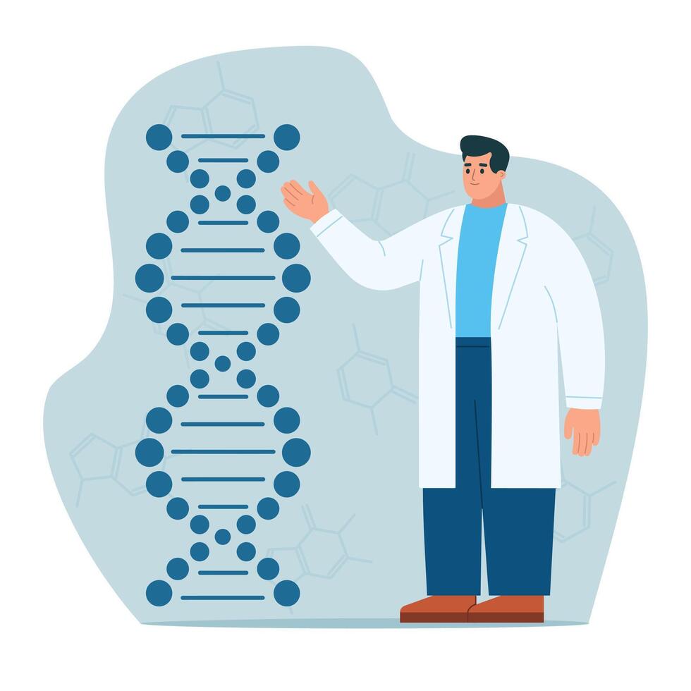 Laboratory Research and Development. Medicine Technology Genetic Testing. Scientists Characters Working with Dna spiral. Doctor researching cells. Genetic engineering concept. vector