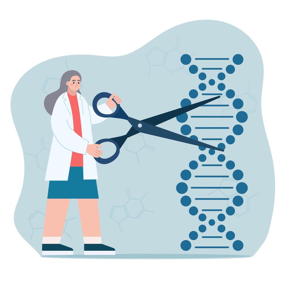 hembra empleado de genético laboratorio comprometido en adn hélice secuenciación. genoma investigación. genético Ingenieria concepto. vector