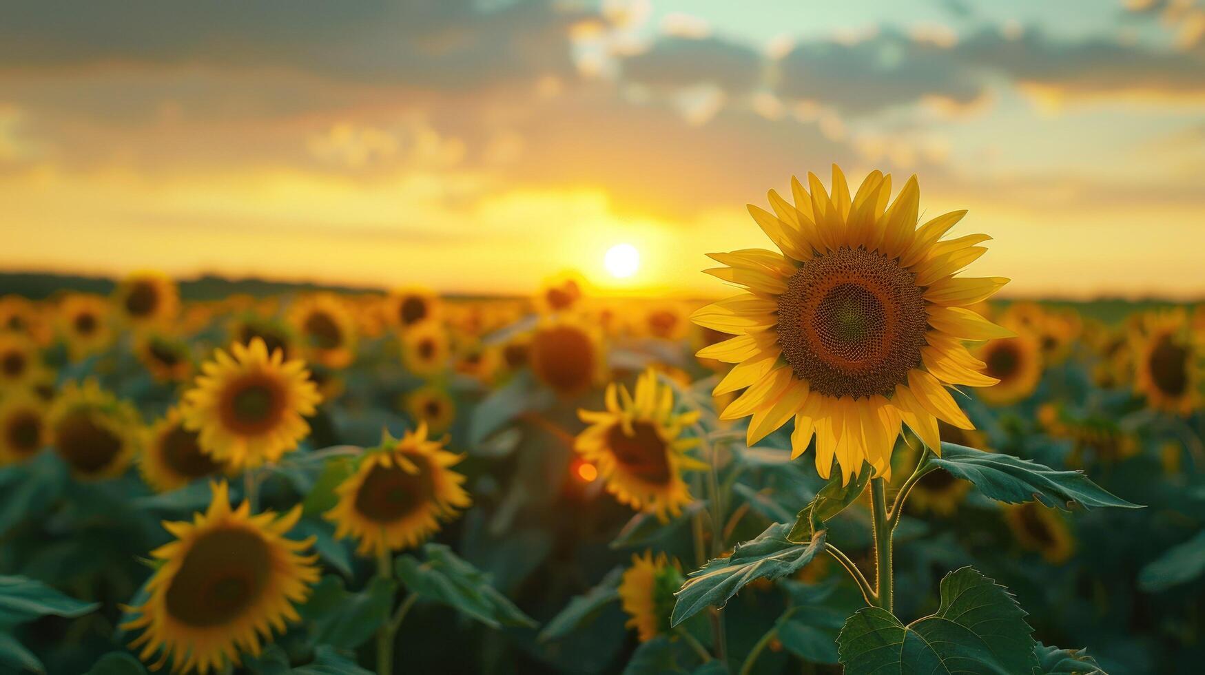 Sunset over a vibrant sunflower field with warm golden light. photo
