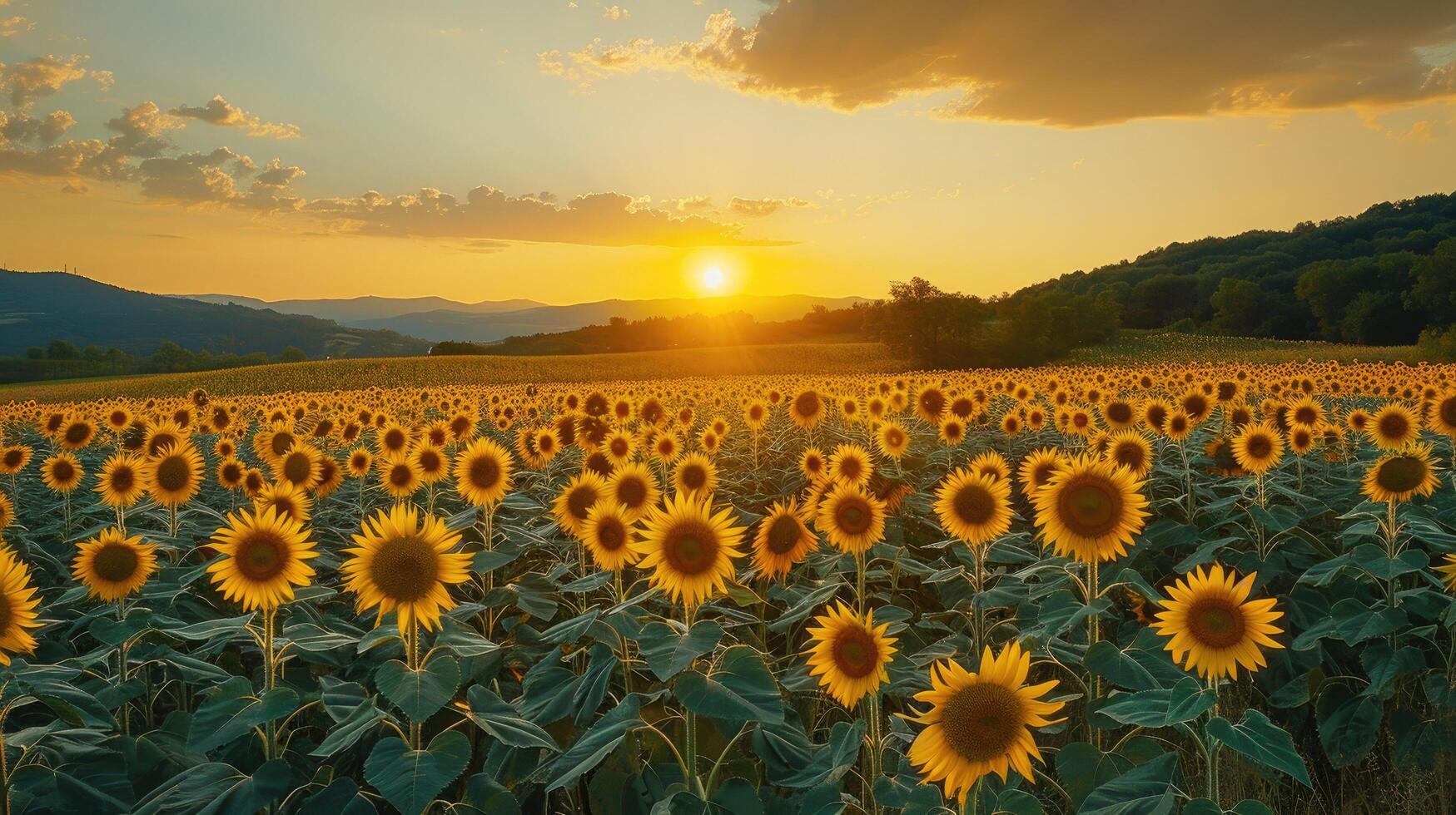 Sunset over a vibrant sunflower field with rolling hills in the background. photo