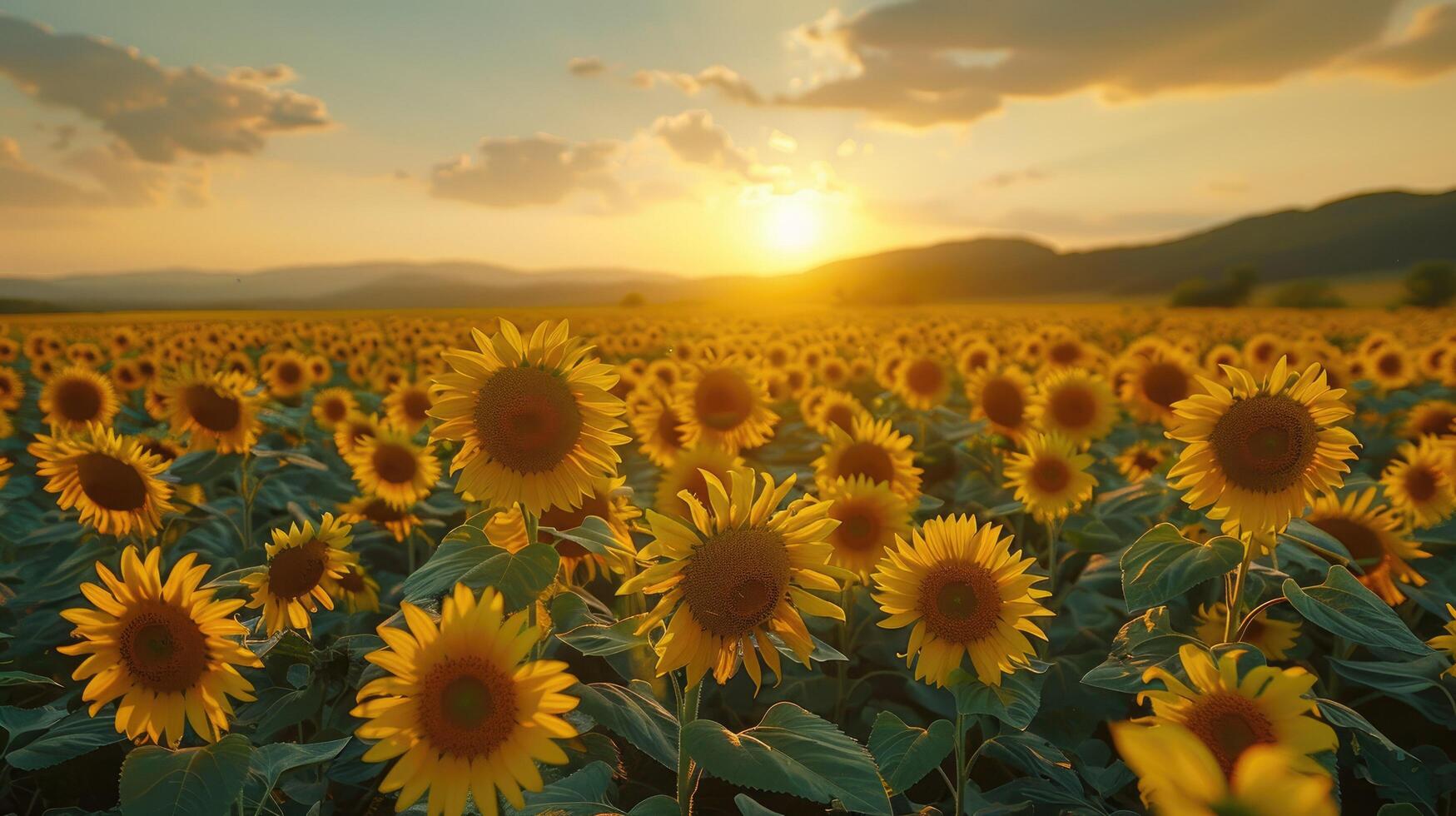 puesta de sol terminado un vibrante girasol campo con montañas en el antecedentes. foto