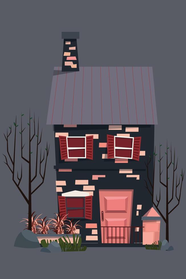 exótico casa ilustración. casa con Chimenea y plantas en el lado. aislado en gris antecedentes. vector