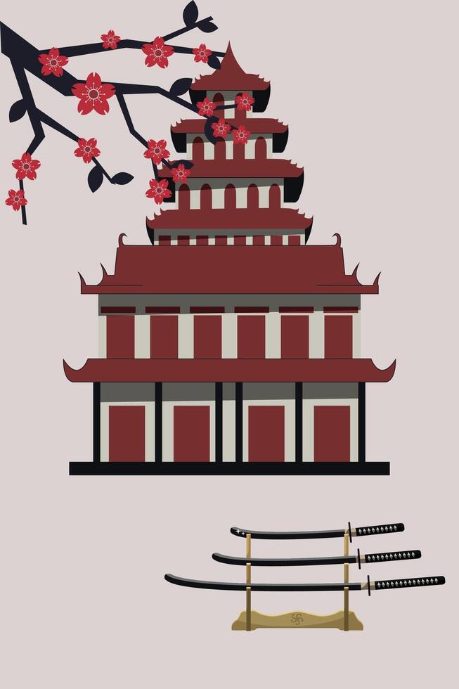 Principles of the way of life of samurai, warriors, Japanese culture. Pagoda, sakura and katana. vector