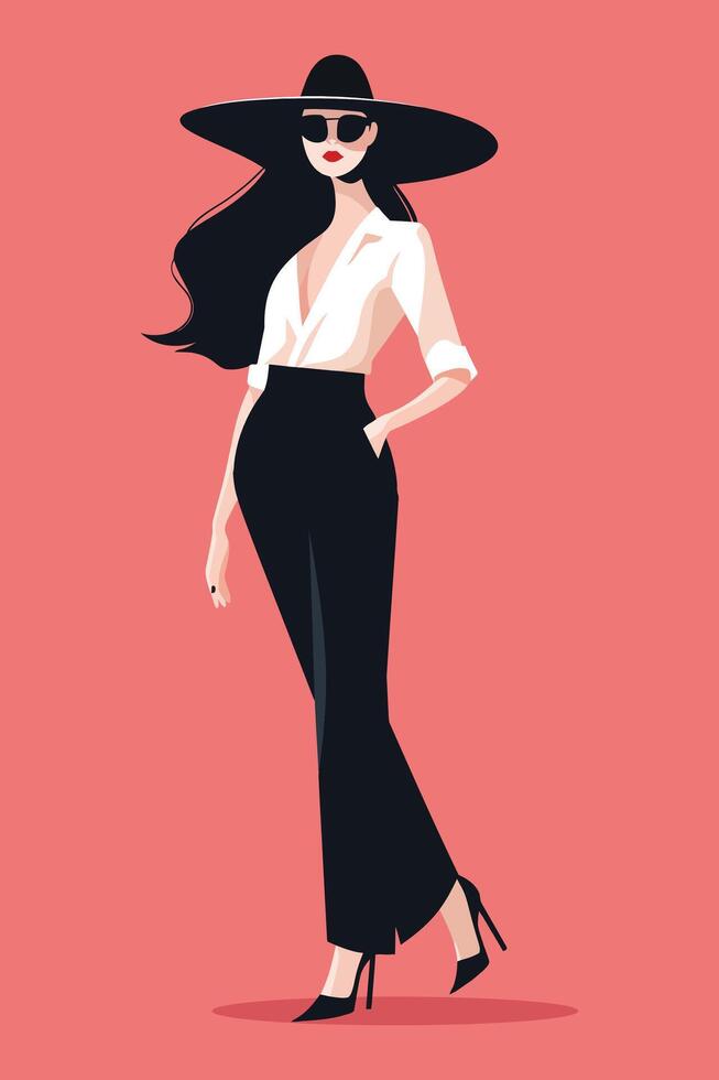 modelo mujer en blanco vestir con sombrero y Gafas de sol. hermosa joven mujer en Moda ropa. elegante actitud vector