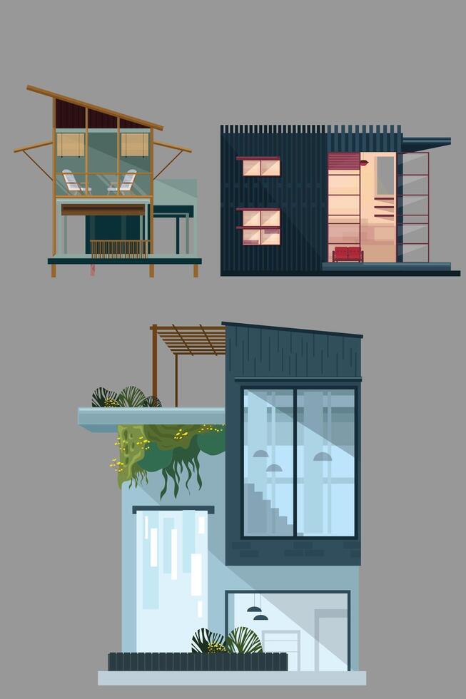 Set of modern minimalist family dream homes. Real estate is organized with sales homes. Holiday home in rural area. Advertising design element. Facade apartment house, cottage. vector