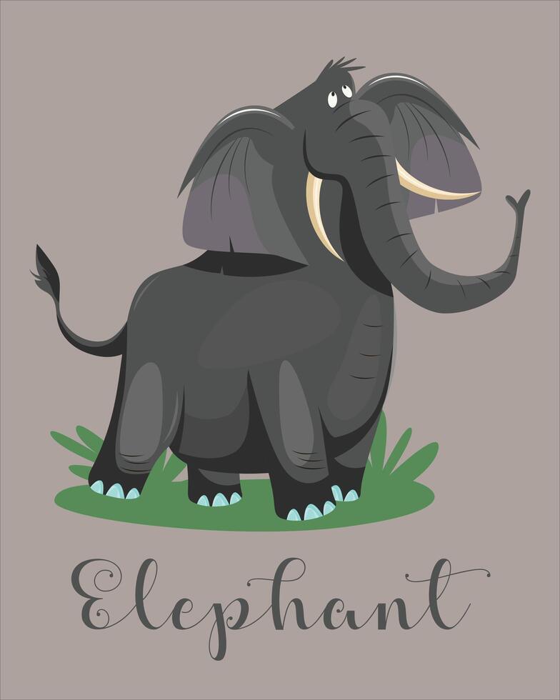 Large elephant mammal. cartoon elephant on the grass. isolated on brown background. vector